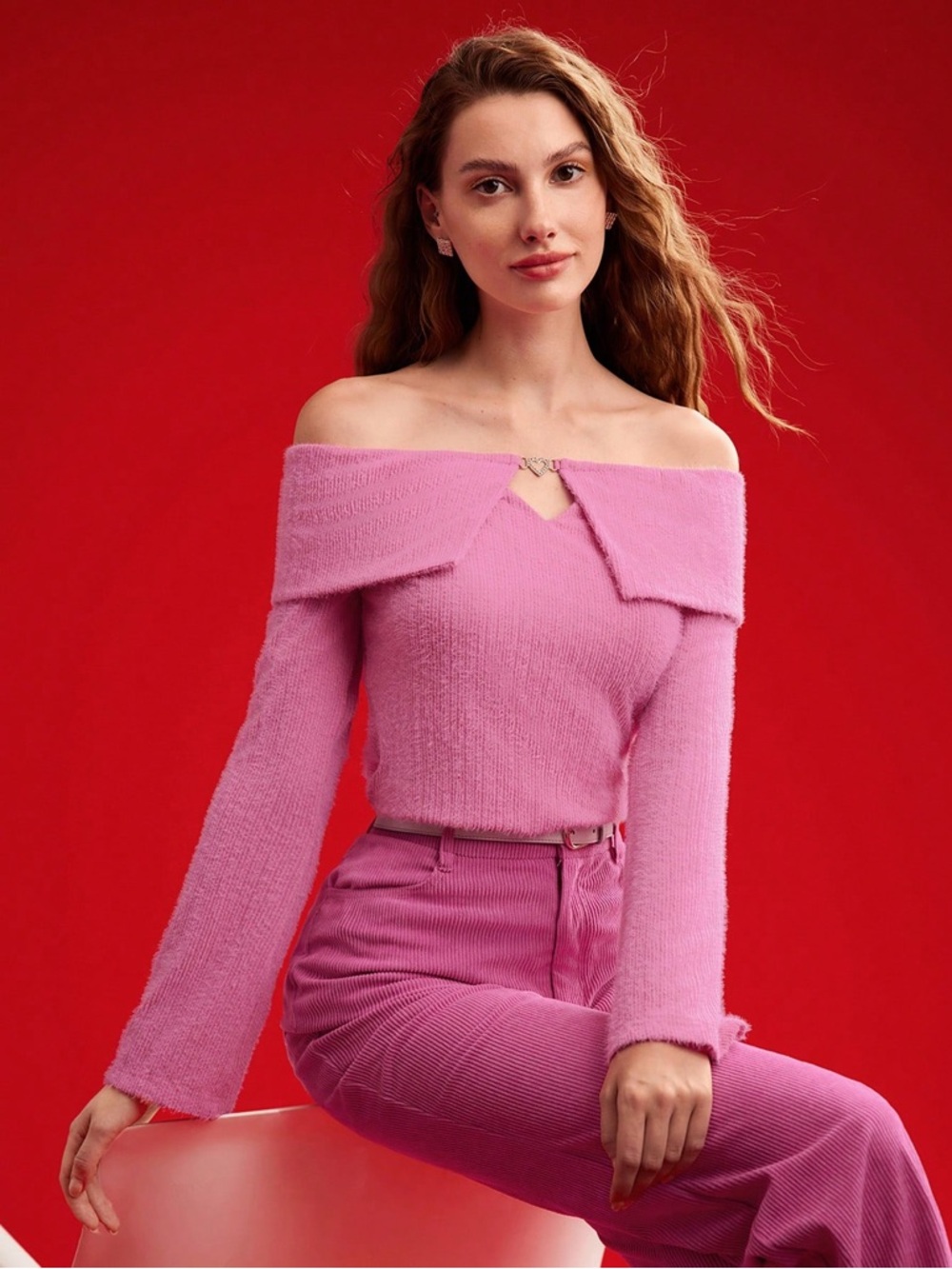 MOTF Knit Off The Shoulder Top  Rhinestone Heart Chest Piece